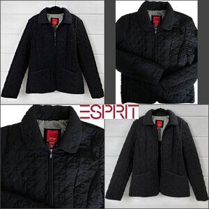 Vintage 90s ESPRIT L Black Quilted JACKET Lined Collared Puffer Full Zip Pockets